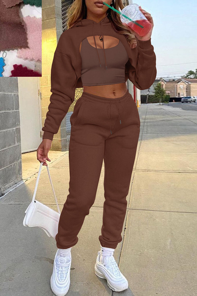 Casual Hooded Collar Long Sleeve Tank Tops Cover Up Hooded Collar Long Sleeve Crop Sweatshirt And Draw String Pocket Pants Three Pieces Sweatsuit Sets