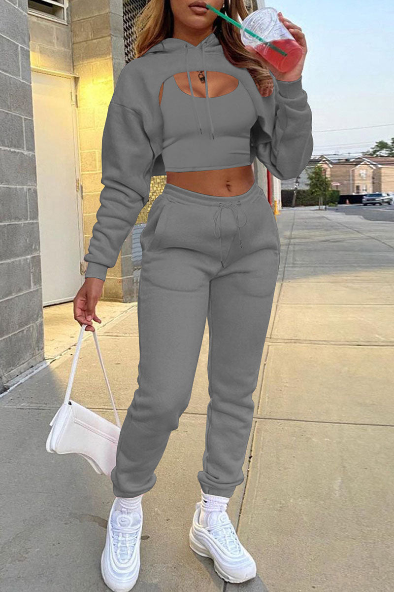 Casual Hooded Collar Long Sleeve Tank Tops Cover Up Hooded Collar Long Sleeve Crop Sweatshirt And Draw String Pocket Pants Three Pieces Sweatsuit Sets