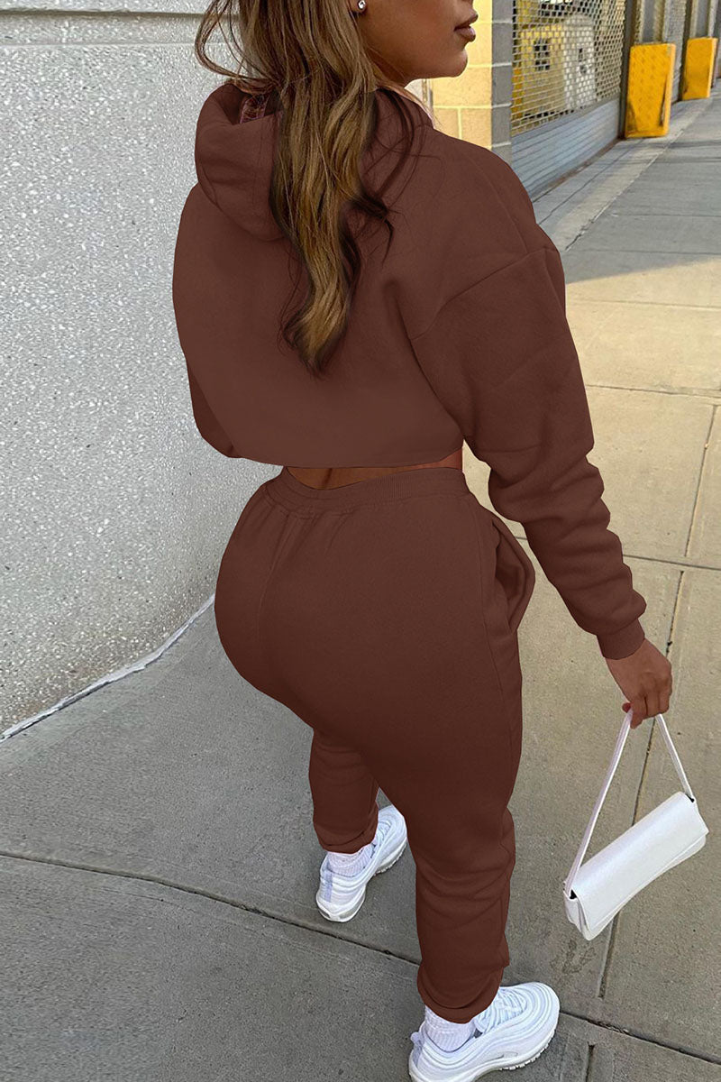 Casual Hooded Collar Long Sleeve Tank Tops Cover Up Hooded Collar Long Sleeve Crop Sweatshirt And Draw String Pocket Pants Three Pieces Sweatsuit Sets