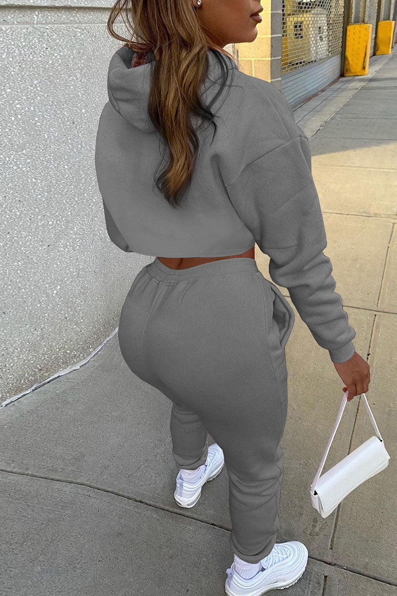Casual Hooded Collar Long Sleeve Tank Tops Cover Up Hooded Collar Long Sleeve Crop Sweatshirt And Draw String Pocket Pants Three Pieces Sweatsuit Sets