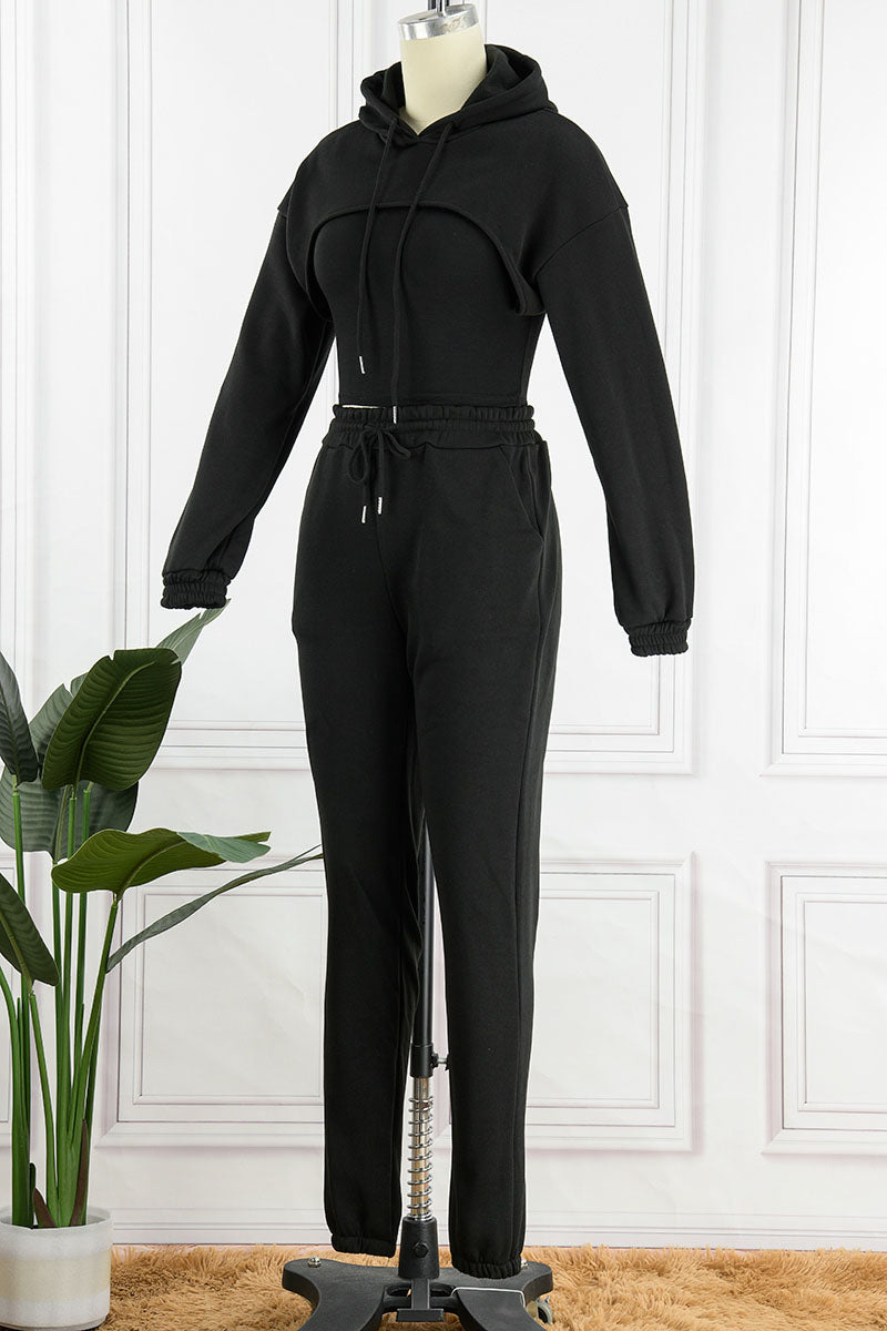 Casual Hooded Collar Long Sleeve Tank Tops Cover Up Hooded Collar Long Sleeve Crop Sweatshirt And Draw String Pocket Pants Three Pieces Sweatsuit Sets