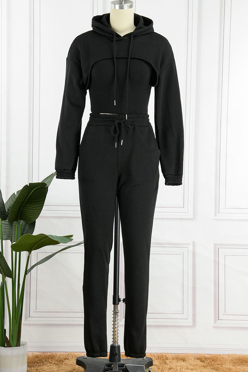 Casual Hooded Collar Long Sleeve Tank Tops Cover Up Hooded Collar Long Sleeve Crop Sweatshirt And Draw String Pocket Pants Three Pieces Sweatsuit Sets
