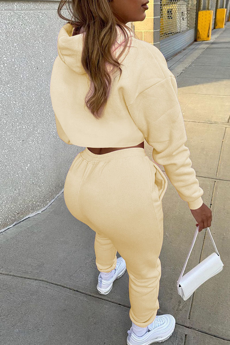 Casual Hooded Collar Long Sleeve Tank Tops Cover Up Hooded Collar Long Sleeve Crop Sweatshirt And Draw String Pocket Pants Three Pieces Sweatsuit Sets