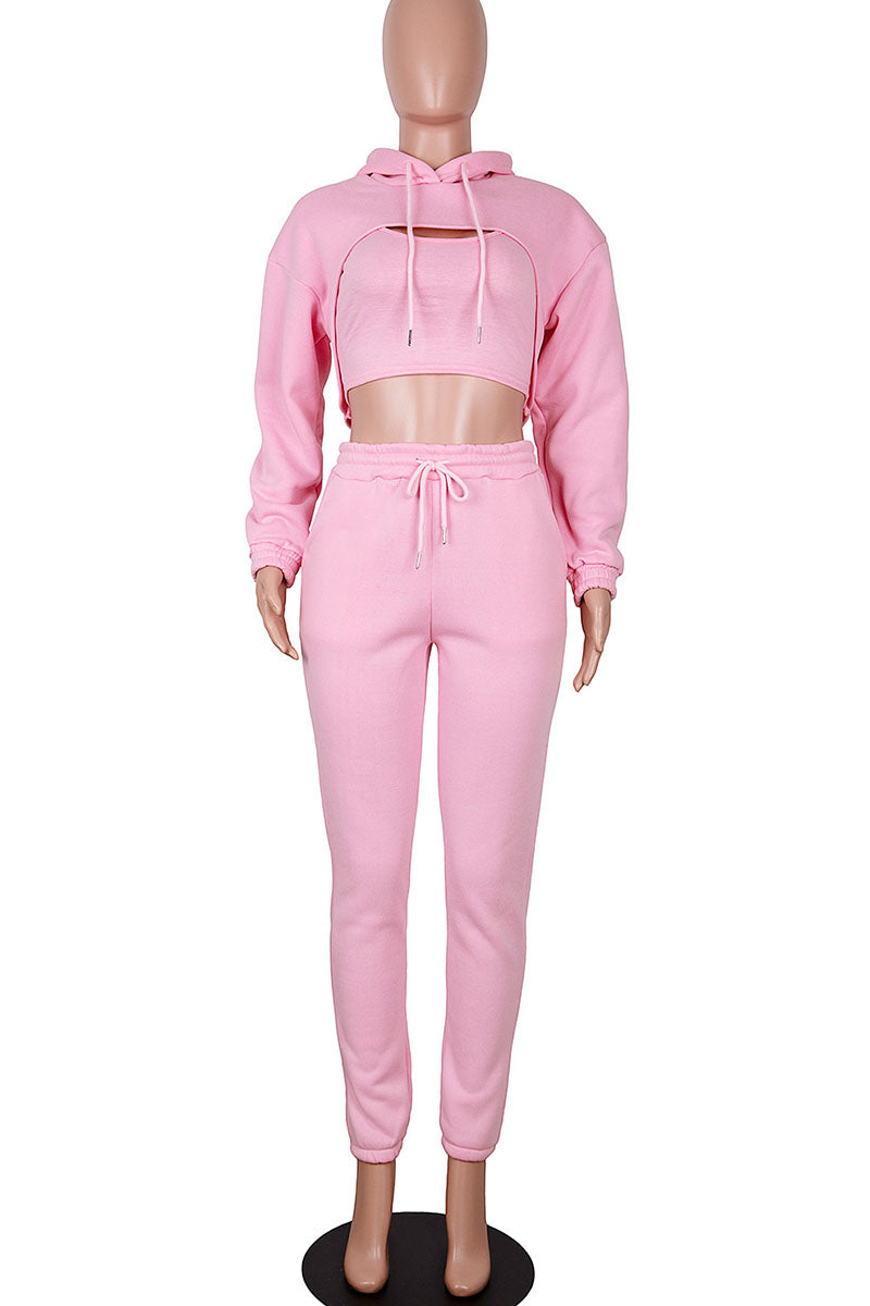 Casual Hooded Collar Long Sleeve Tank Tops Cover Up Hooded Collar Long Sleeve Crop Sweatshirt And Draw String Pocket Pants Three Pieces Sweatsuit Sets