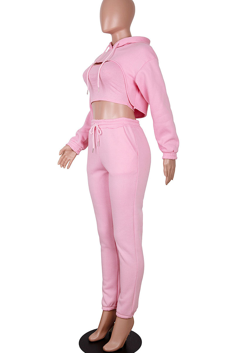 Casual Hooded Collar Long Sleeve Tank Tops Cover Up Hooded Collar Long Sleeve Crop Sweatshirt And Draw String Pocket Pants Three Pieces Sweatsuit Sets