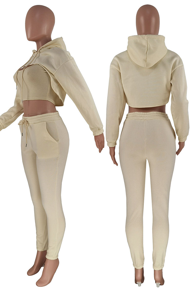 Casual Hooded Collar Long Sleeve Tank Tops Cover Up Hooded Collar Long Sleeve Crop Sweatshirt And Draw String Pocket Pants Three Pieces Sweatsuit Sets