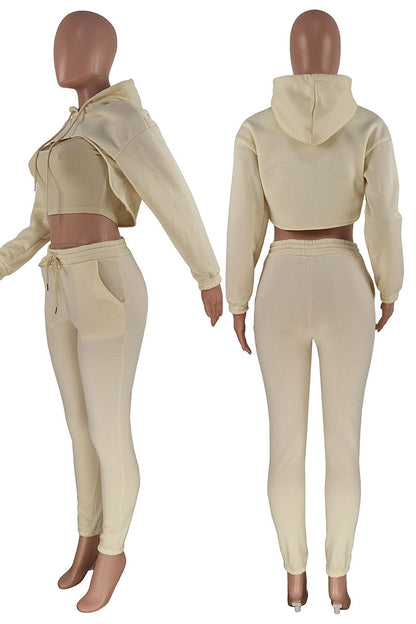 Casual Hooded Collar Long Sleeve Tank Tops Cover Up Hooded Collar Long Sleeve Crop Sweatshirt And Draw String Pocket Pants Three Pieces Sweatsuit Sets