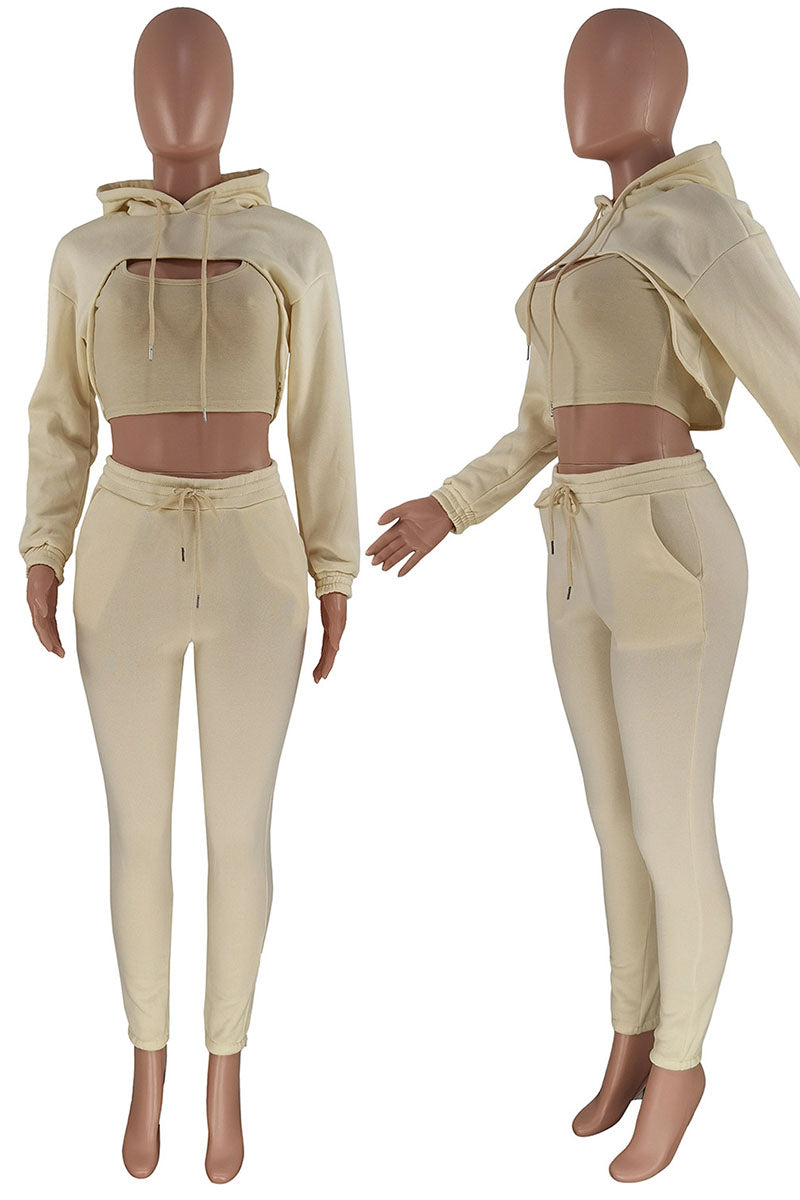 Casual Hooded Collar Long Sleeve Tank Tops Cover Up Hooded Collar Long Sleeve Crop Sweatshirt And Draw String Pocket Pants Three Pieces Sweatsuit Sets