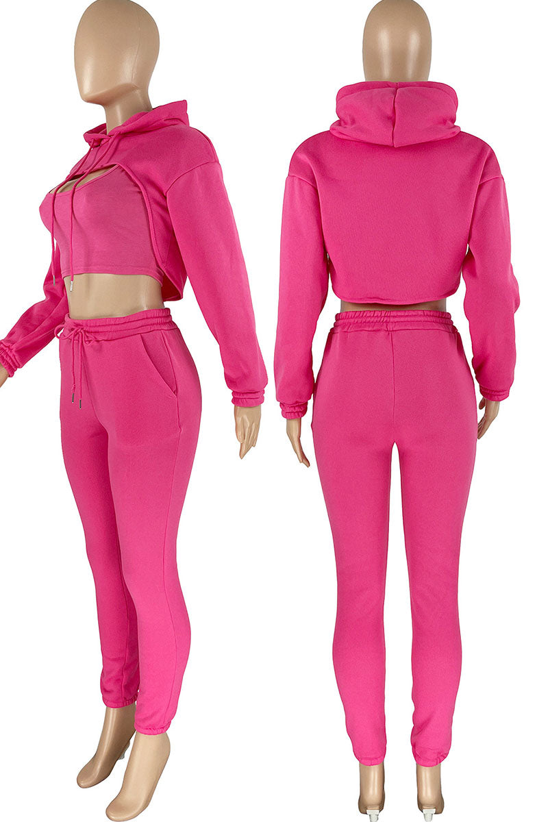 Casual Hooded Collar Long Sleeve Tank Tops Cover Up Hooded Collar Long Sleeve Crop Sweatshirt And Draw String Pocket Pants Three Pieces Sweatsuit Sets