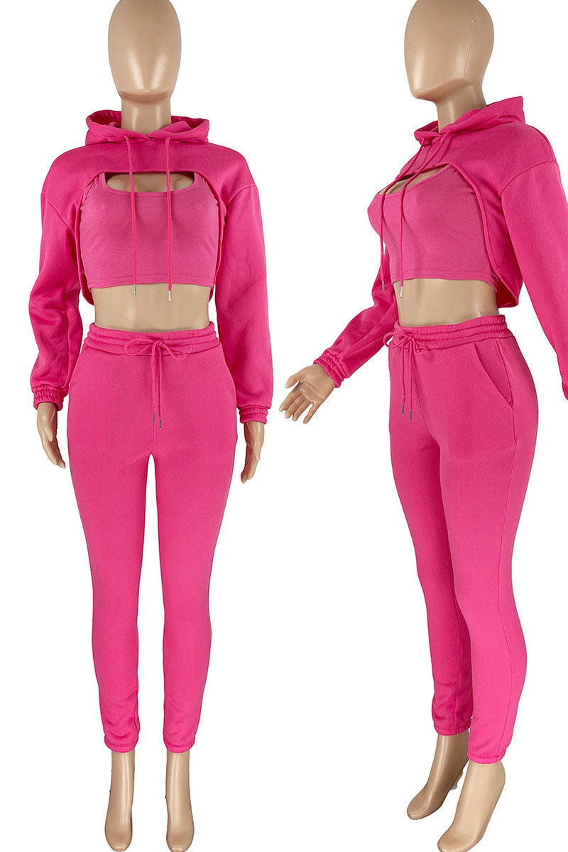Casual Hooded Collar Long Sleeve Tank Tops Cover Up Hooded Collar Long Sleeve Crop Sweatshirt And Draw String Pocket Pants Three Pieces Sweatsuit Sets