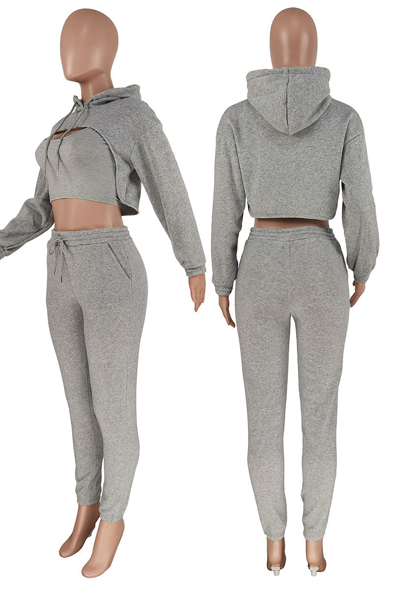 Casual Hooded Collar Long Sleeve Tank Tops Cover Up Hooded Collar Long Sleeve Crop Sweatshirt And Draw String Pocket Pants Three Pieces Sweatsuit Sets