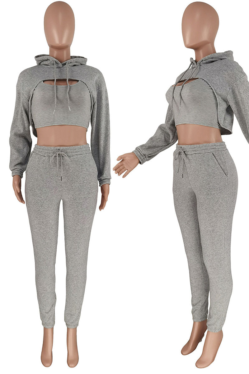 Casual Hooded Collar Long Sleeve Tank Tops Cover Up Hooded Collar Long Sleeve Crop Sweatshirt And Draw String Pocket Pants Three Pieces Sweatsuit Sets