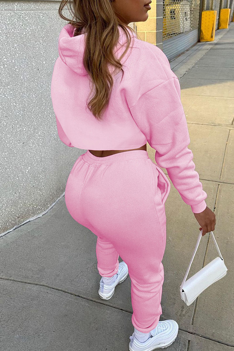 Casual Hooded Collar Long Sleeve Tank Tops Cover Up Hooded Collar Long Sleeve Crop Sweatshirt And Draw String Pocket Pants Three Pieces Sweatsuit Sets