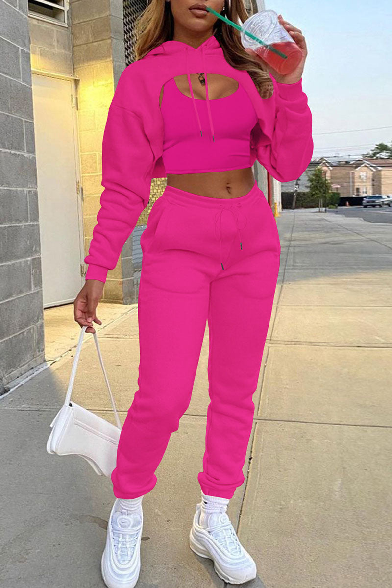 Casual Hooded Collar Long Sleeve Tank Tops Cover Up Hooded Collar Long Sleeve Crop Sweatshirt And Draw String Pocket Pants Three Pieces Sweatsuit Sets