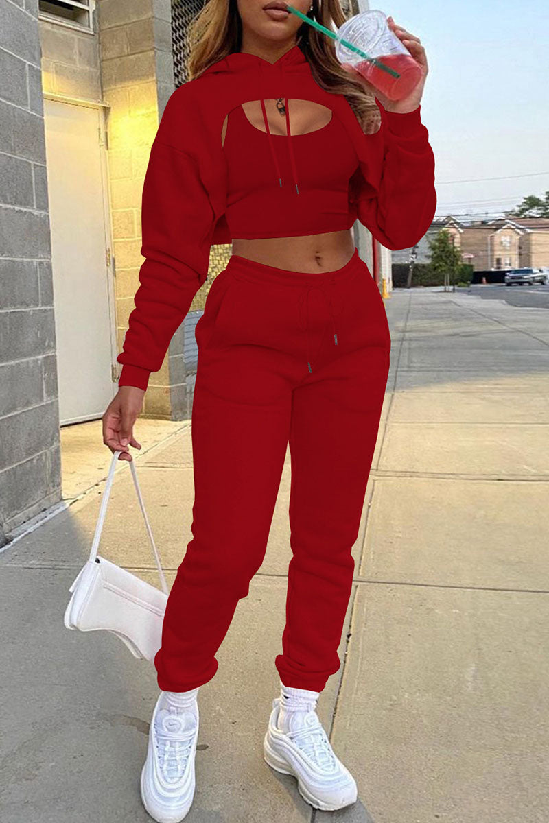 Casual Hooded Collar Long Sleeve Tank Tops Cover Up Hooded Collar Long Sleeve Crop Sweatshirt And Draw String Pocket Pants Three Pieces Sweatsuit Sets