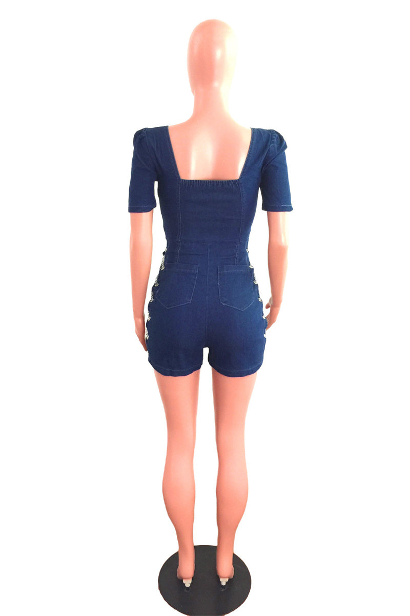 Dark Blue Fashion Casual Solid Patchwork Backless Square Collar Skinny Romper