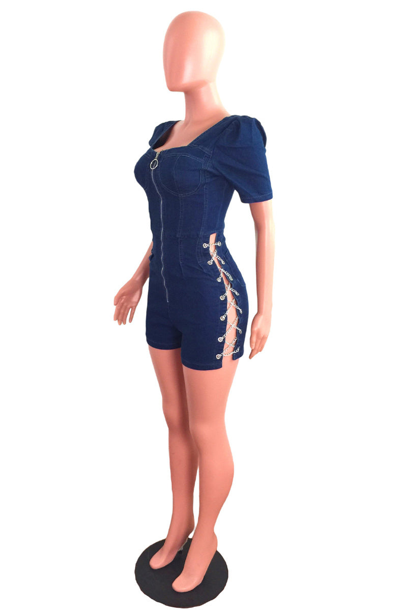 Dark Blue Fashion Casual Solid Patchwork Backless Square Collar Skinny Romper