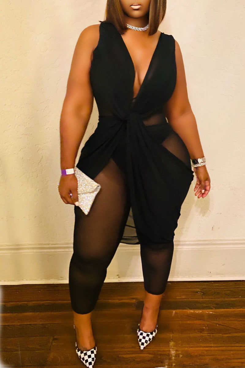Black Sexy Solid Patchwork Fold Asymmetrical V Neck Regular Jumpsuits