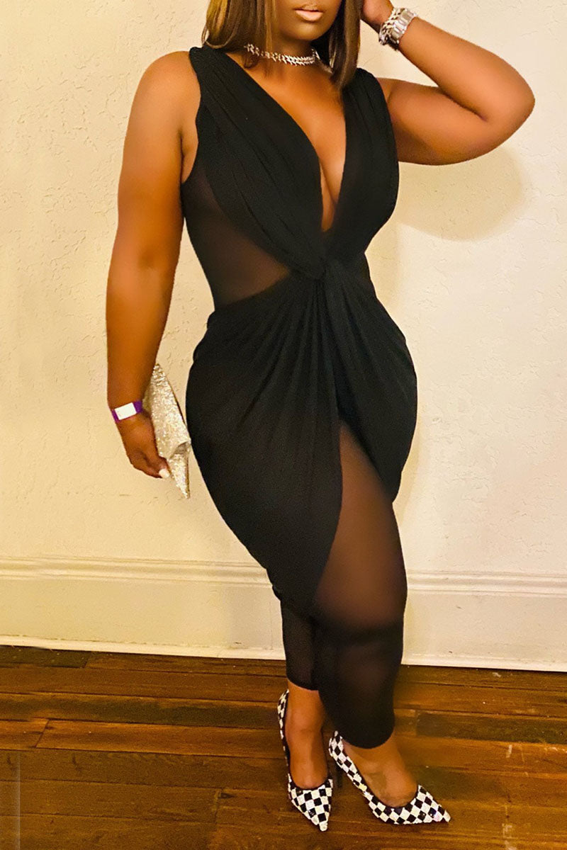 Black Sexy Solid Patchwork Fold Asymmetrical V Neck Regular Jumpsuits