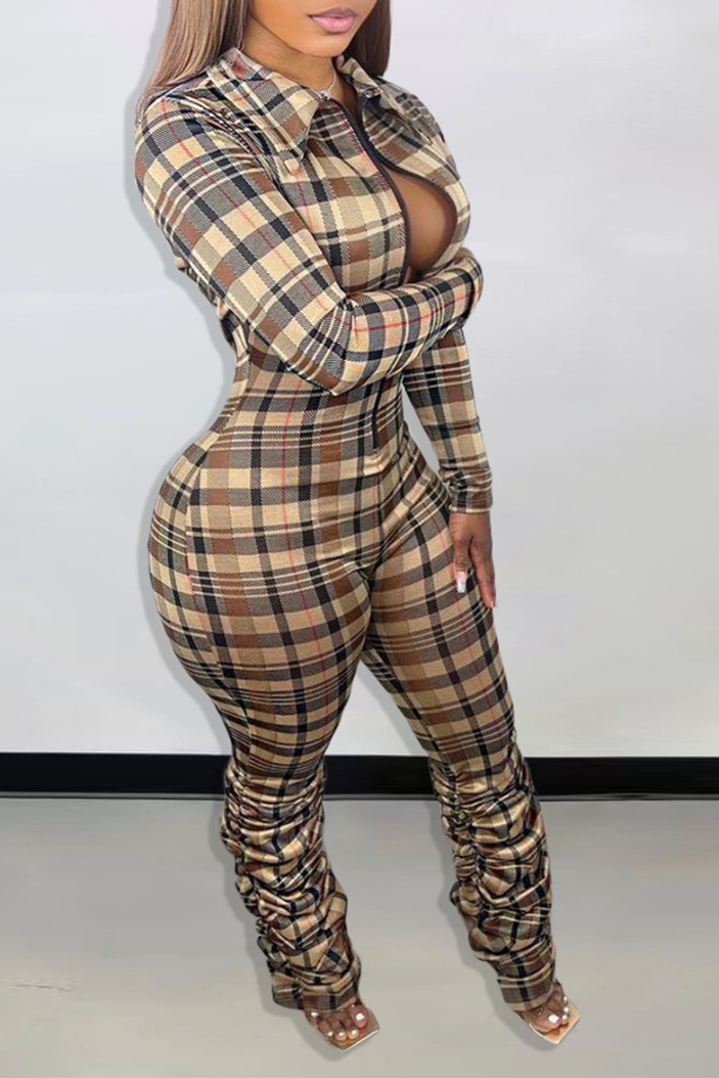 Khaki Casual Plaid Patchwork Turndown Collar Skinny Jumpsuits