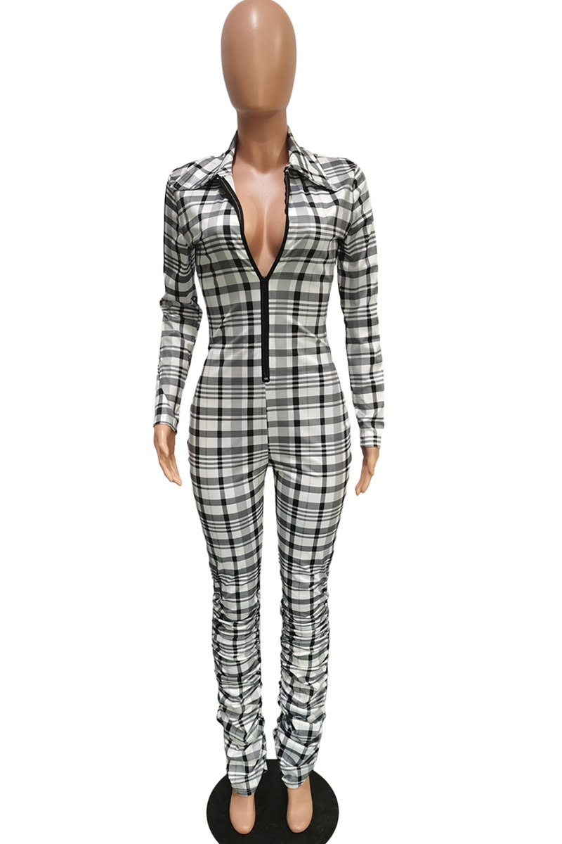 Khaki Casual Plaid Patchwork Turndown Collar Skinny Jumpsuits