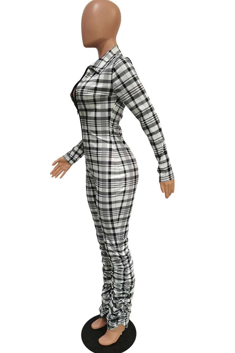 Khaki Casual Plaid Patchwork Turndown Collar Skinny Jumpsuits