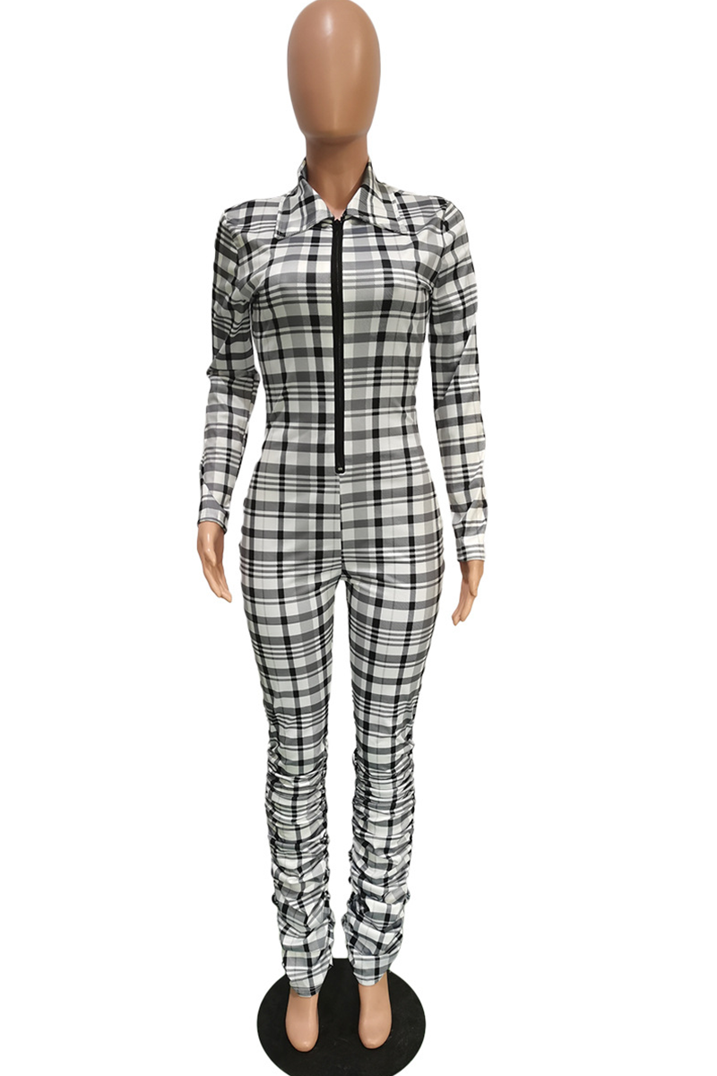 Khaki Casual Plaid Patchwork Turndown Collar Skinny Jumpsuits