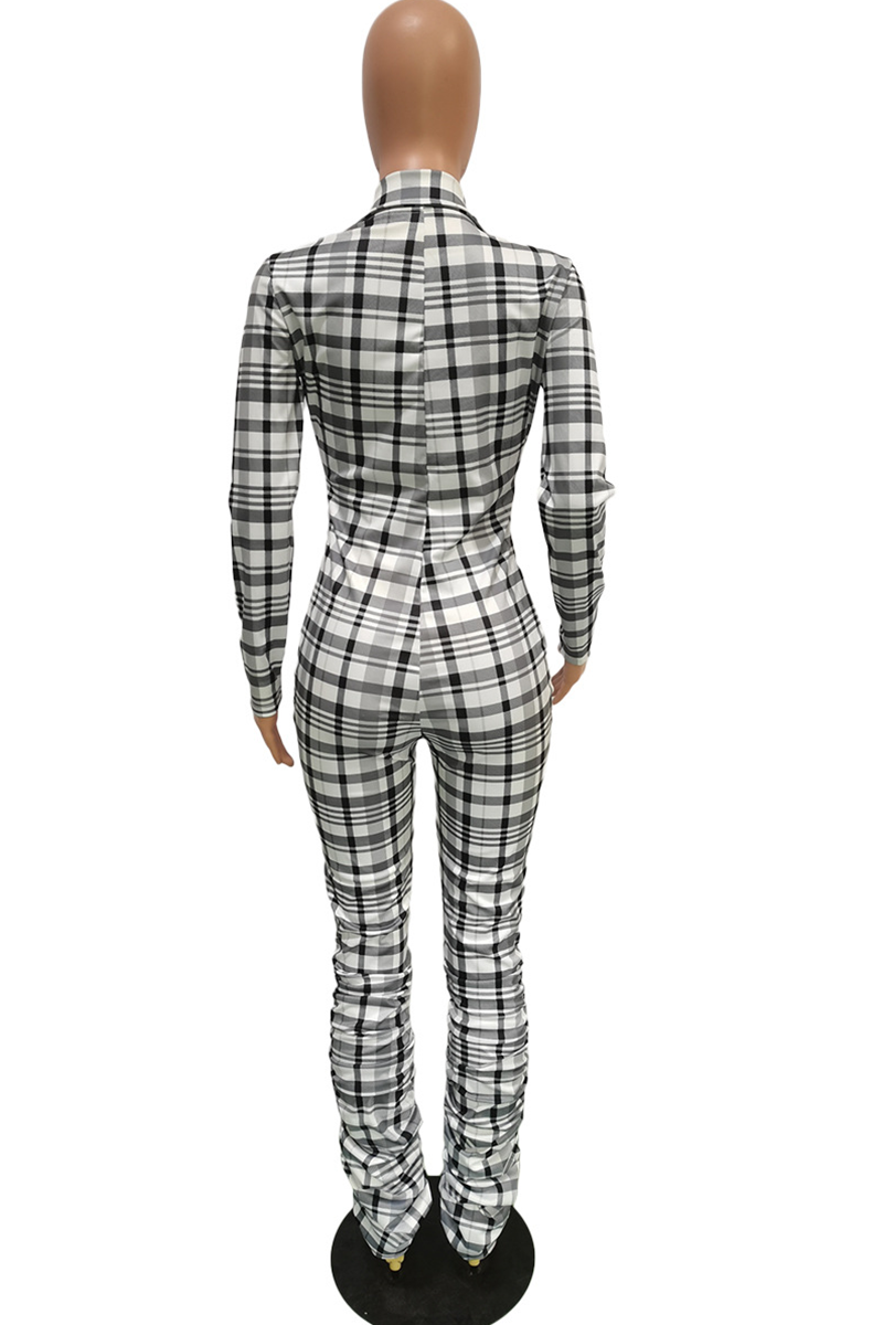 Khaki Casual Plaid Patchwork Turndown Collar Skinny Jumpsuits