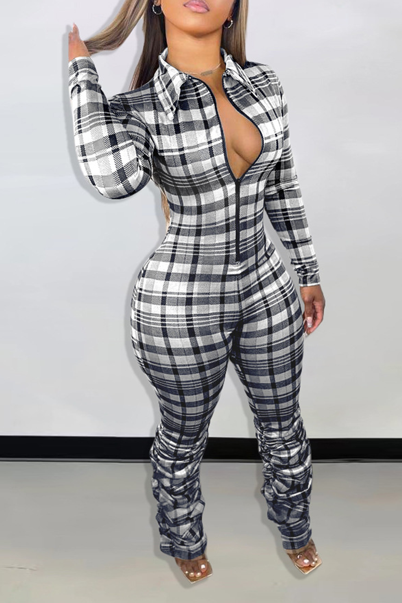 Khaki Casual Plaid Patchwork Turndown Collar Skinny Jumpsuits