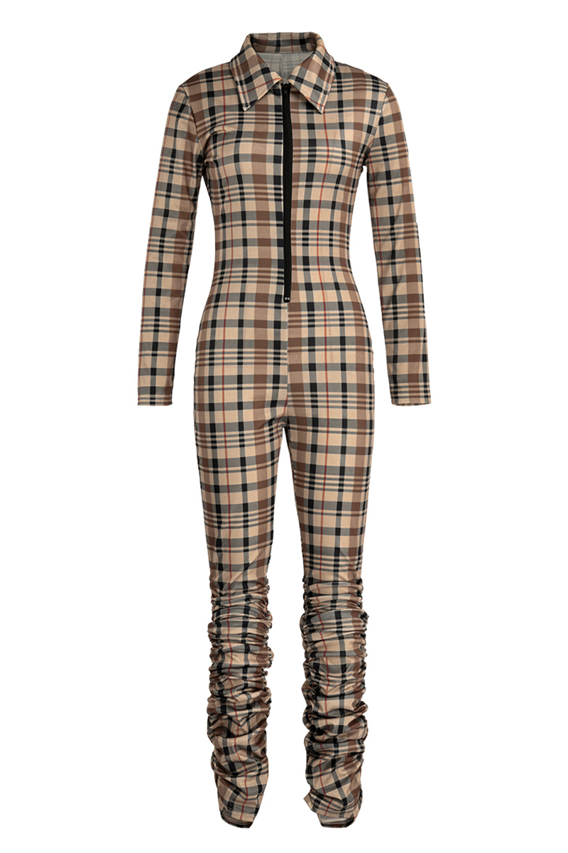 Khaki Casual Plaid Patchwork Turndown Collar Skinny Jumpsuits