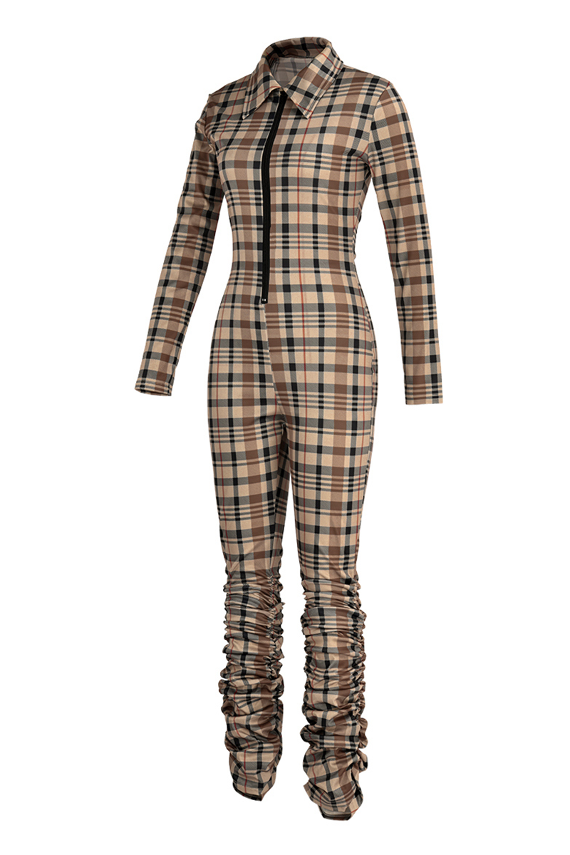 Khaki Casual Plaid Patchwork Turndown Collar Skinny Jumpsuits