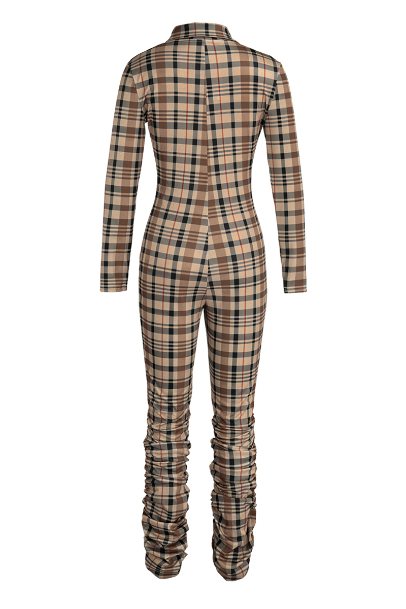 Khaki Casual Plaid Patchwork Turndown Collar Skinny Jumpsuits