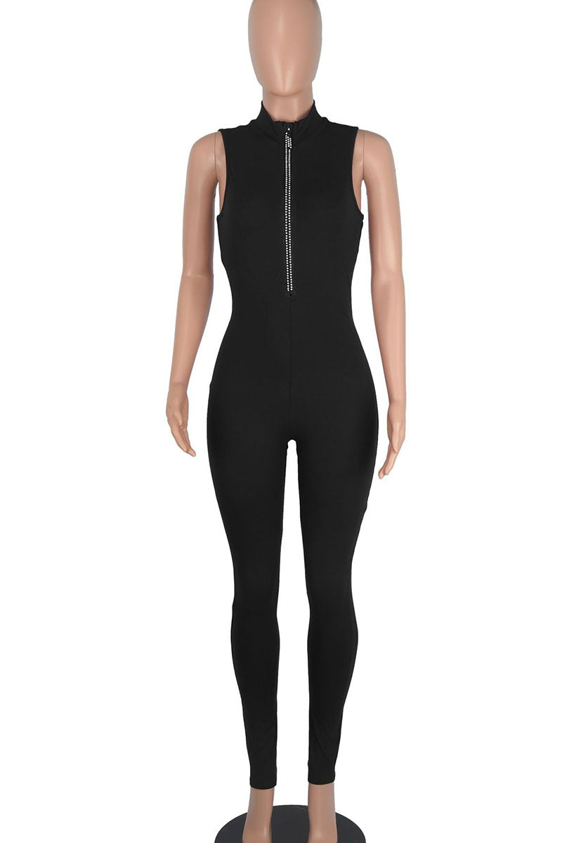 Black Casual Solid Patchwork Hot Drill O Neck Regular Jumpsuits