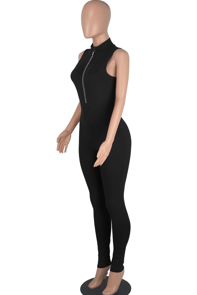 Black Casual Solid Patchwork Hot Drill O Neck Regular Jumpsuits