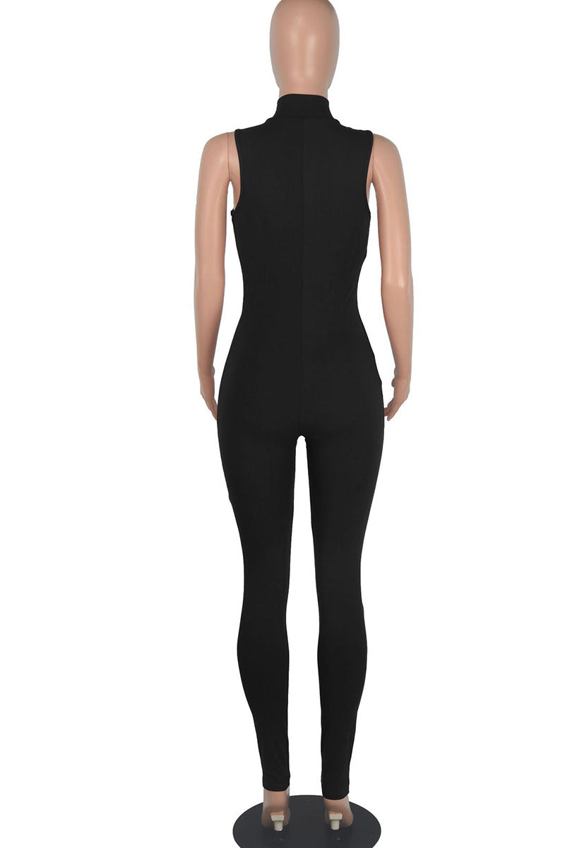 Black Casual Solid Patchwork Hot Drill O Neck Regular Jumpsuits