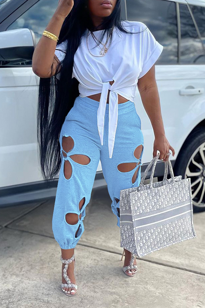 Casual Solid Hollowed Out O Neck Short Sleeve Two Pieces Front Tie Crop Tops And Pants Sets