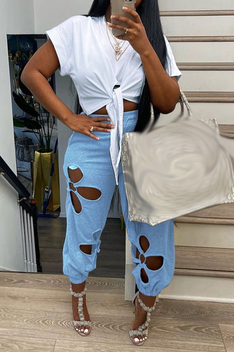 Casual Solid Hollowed Out O Neck Short Sleeve Two Pieces Front Tie Crop Tops And Pants Sets