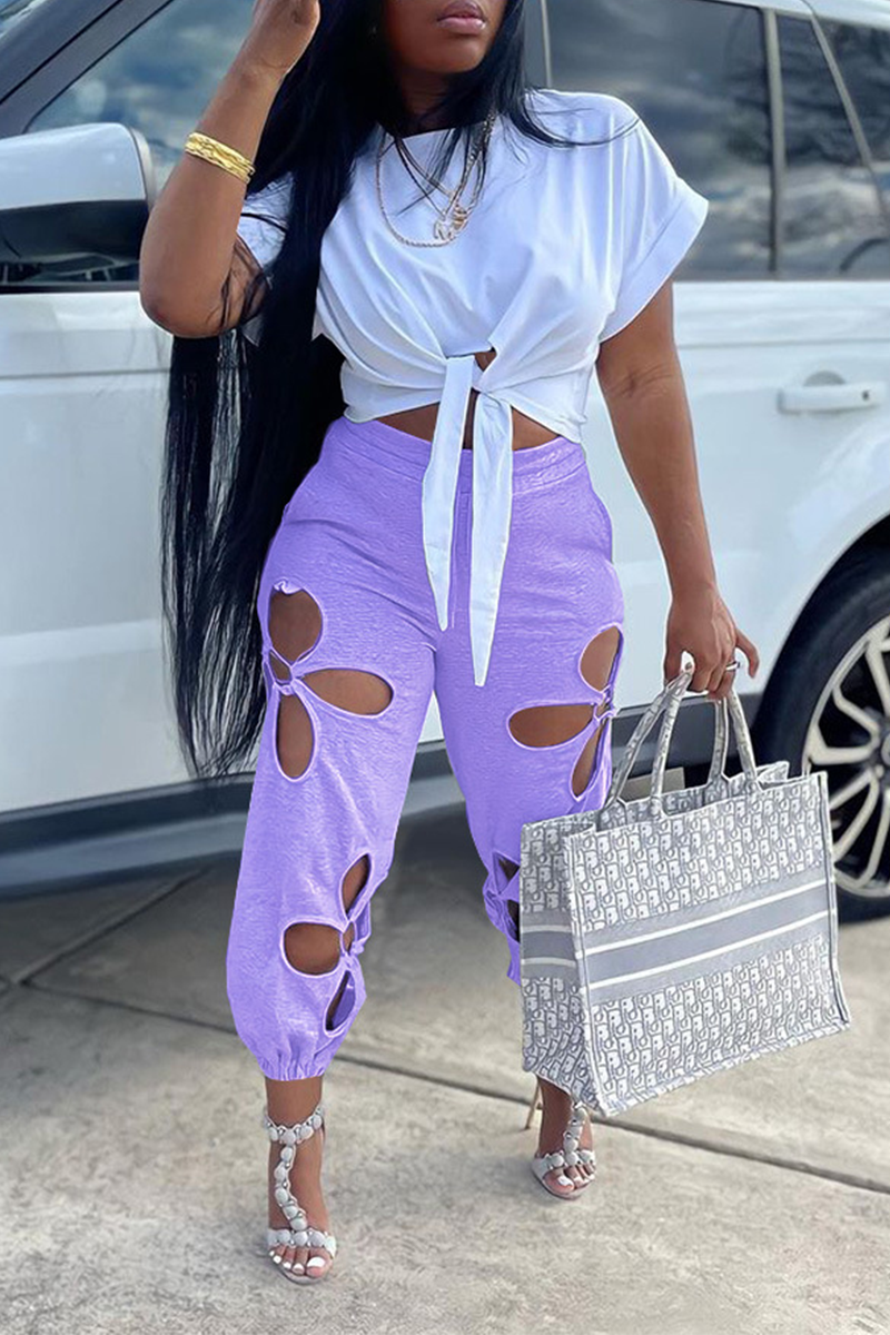 Casual Solid Hollowed Out O Neck Short Sleeve Two Pieces Front Tie Crop Tops And Pants Sets