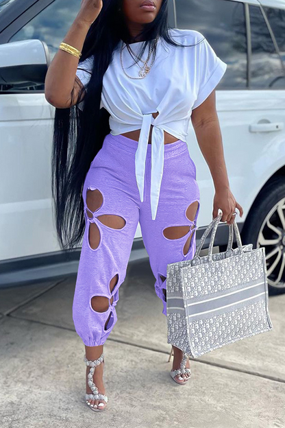 Casual Solid Hollowed Out O Neck Short Sleeve Two Pieces Front Tie Crop Tops And Pants Sets