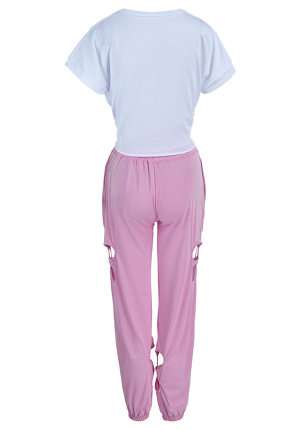 Casual Solid Hollowed Out O Neck Short Sleeve Two Pieces Front Tie Crop Tops And Pants Sets