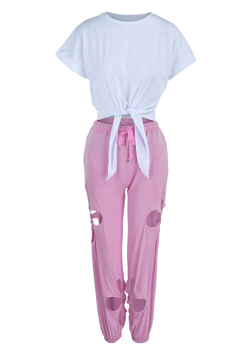 Casual Solid Hollowed Out O Neck Short Sleeve Two Pieces Front Tie Crop Tops And Pants Sets