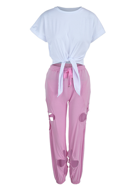 Casual Solid Hollowed Out O Neck Short Sleeve Two Pieces Front Tie Crop Tops And Pants Sets