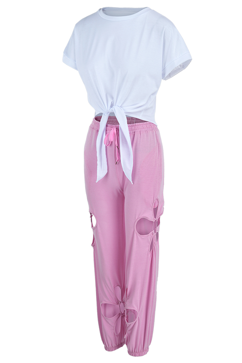 Casual Solid Hollowed Out O Neck Short Sleeve Two Pieces Front Tie Crop Tops And Pants Sets