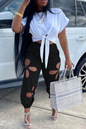 Casual Solid Hollowed Out O Neck Short Sleeve Two Pieces Front Tie Crop Tops And Pants Sets