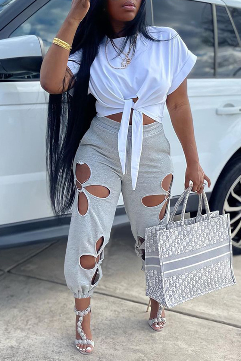 Casual Solid Hollowed Out O Neck Short Sleeve Two Pieces Front Tie Crop Tops And Pants Sets