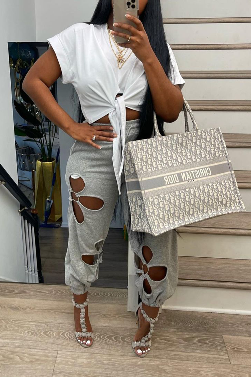Casual Solid Hollowed Out O Neck Short Sleeve Two Pieces Front Tie Crop Tops And Pants Sets