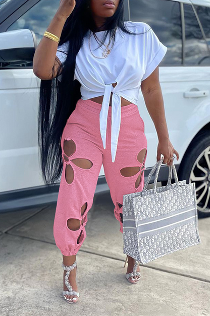 Casual Solid Hollowed Out O Neck Short Sleeve Two Pieces Front Tie Crop Tops And Pants Sets