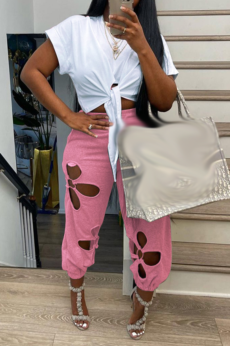 Casual Solid Hollowed Out O Neck Short Sleeve Two Pieces Front Tie Crop Tops And Pants Sets