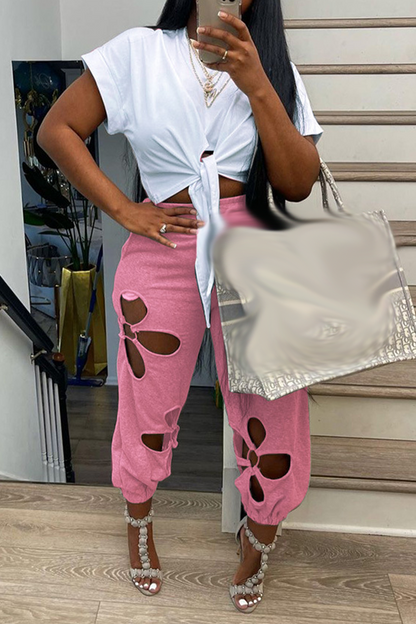 Casual Solid Hollowed Out O Neck Short Sleeve Two Pieces Front Tie Crop Tops And Pants Sets