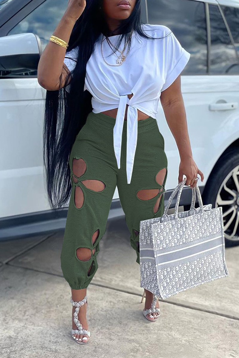 Casual Solid Hollowed Out O Neck Short Sleeve Two Pieces Front Tie Crop Tops And Pants Sets